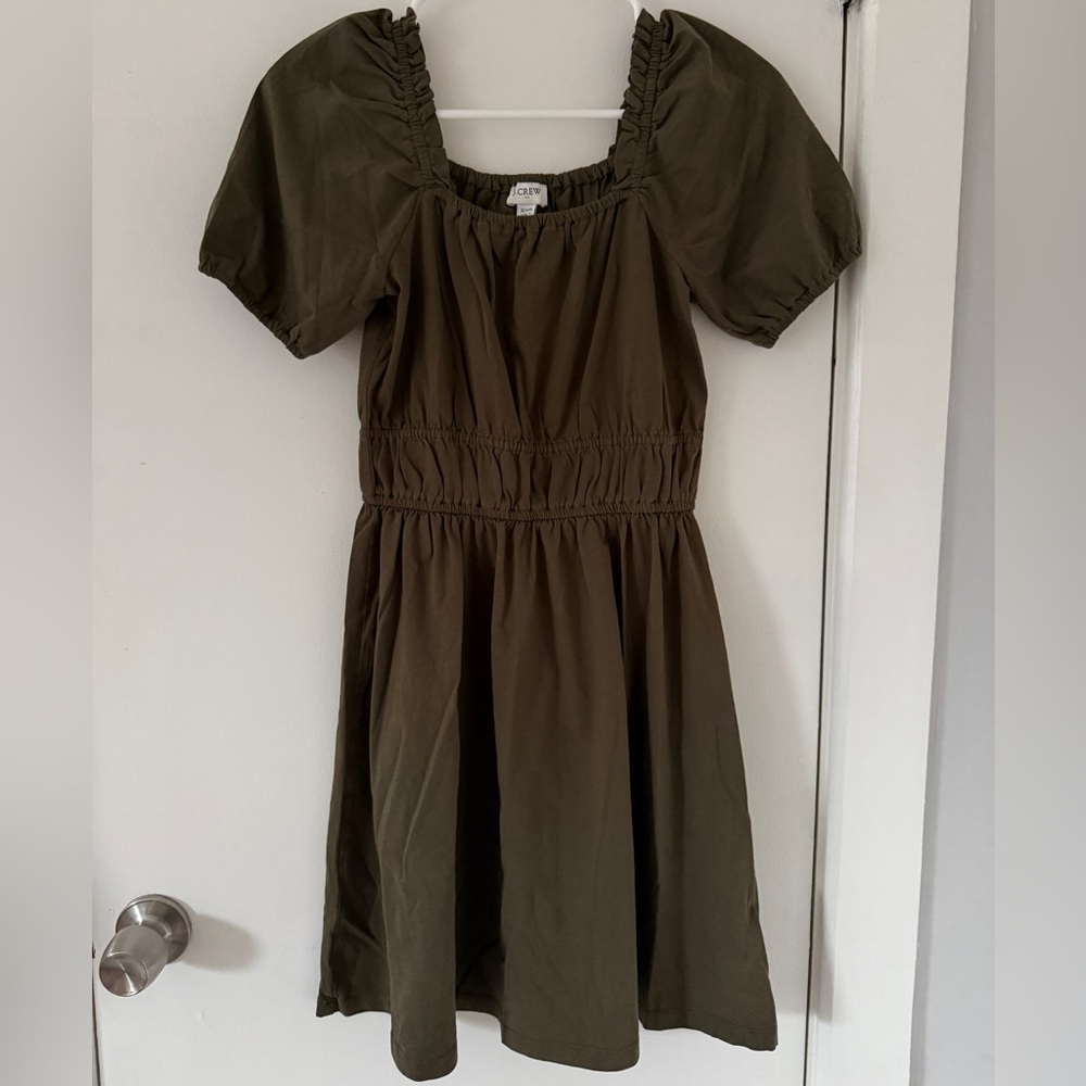 Vintage J. Crew Olive Square-neck Gathered Dress XXS like new 100% cotton